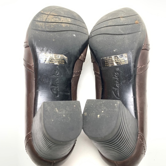 CLARKS Chocolate Brown Chunky Block High Heels Clogs Booties Leather Shoes 9 W - Picture 13 of 16